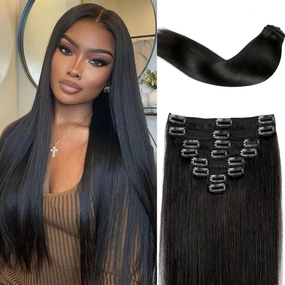 NEW 18" 8 Pc Remy Real Human Hair Clip In 95g Double Weft Dark Natural Extension